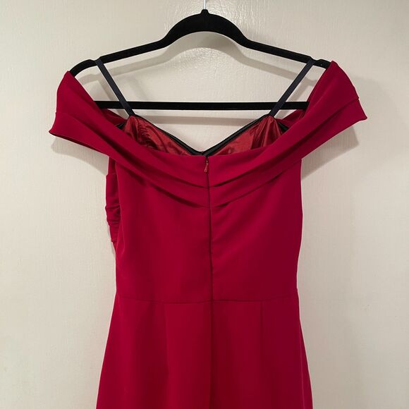 Shoshanna Midnight Off the Shoulder Ruffle Slit Cocktail Long Gown Red 4 - Picture 6 of 13